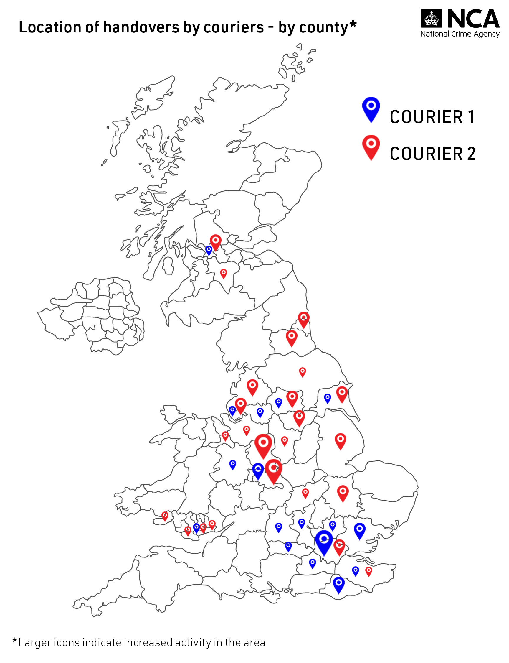 Locations of handovers by couriers - by county
